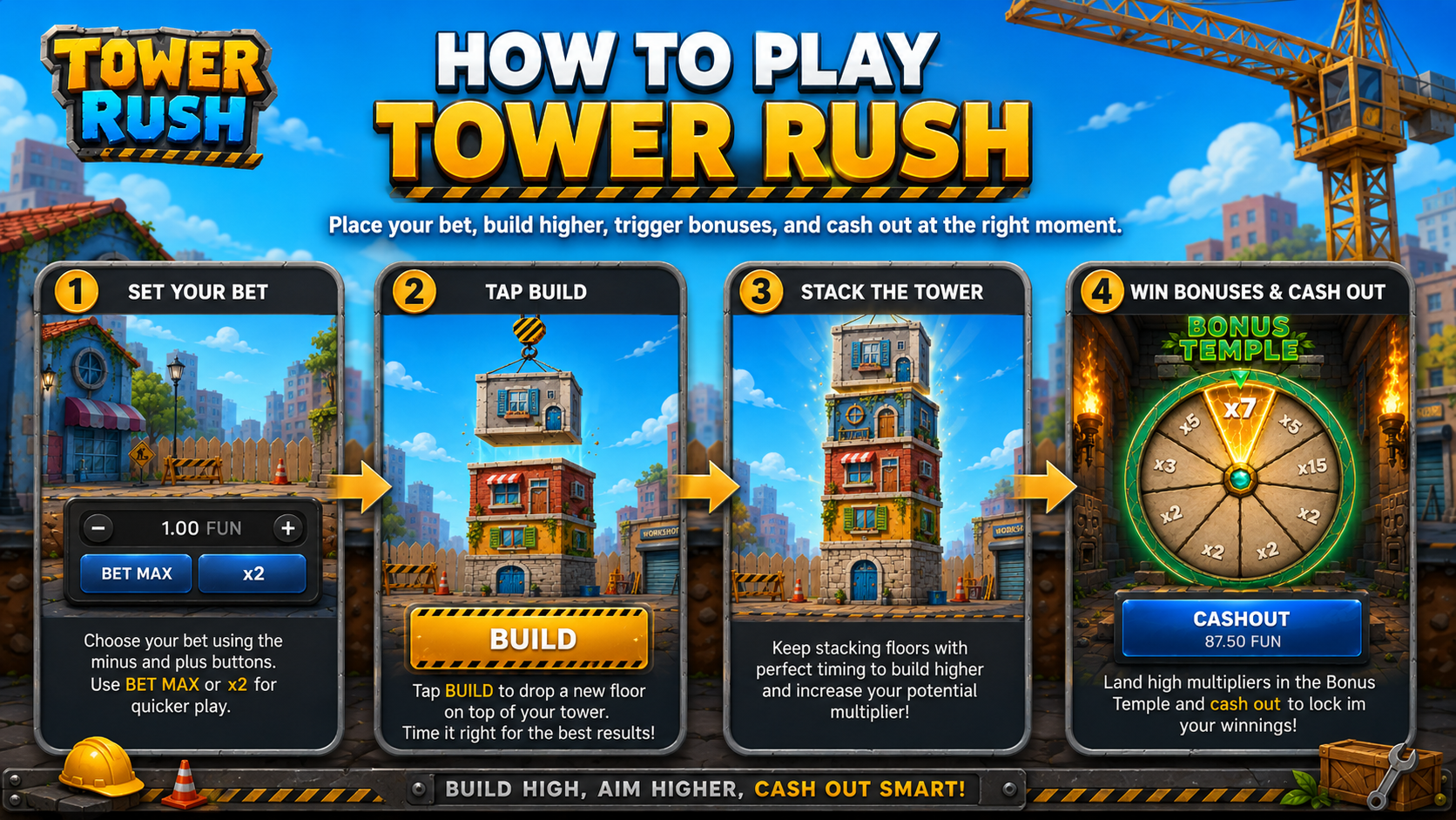 How to play the Tower Rush game - set a bet, press Build, then Cash Out in Malaysia
